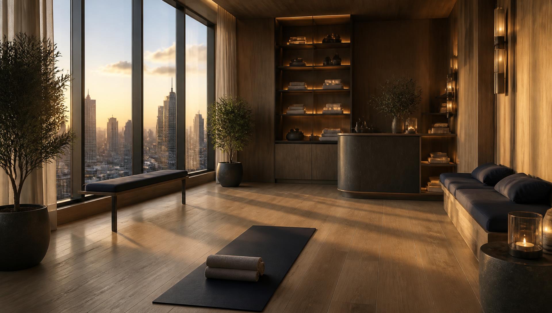 Equora wellness lounge inside a luxury residence at golden hour